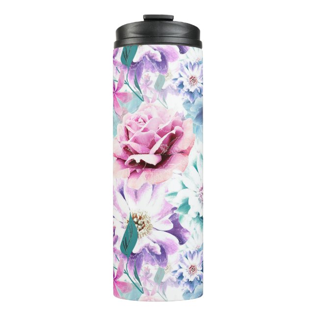 Aquarellfarben, rosa, blaue Blumen. Thermosbecher (Vorderseite)