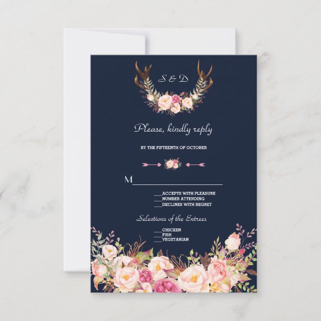 Aquarellfarben Rosa Blume Antlers Wedding RSVP (Vorderseite)