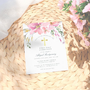 Aquarellfarben Rosa Blume Erste Heilige Kommune Einladungspostkarte