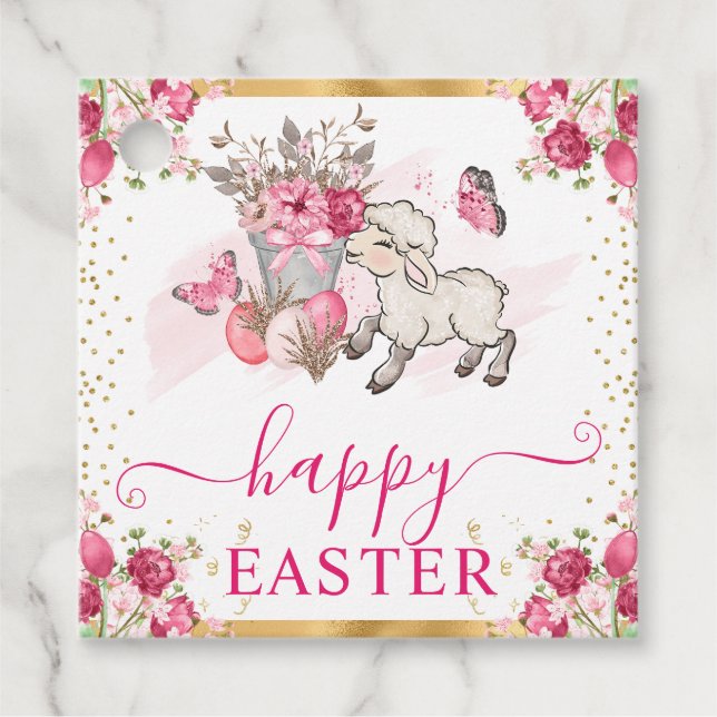 Aquarellfarben Rosa Blume Frühlingslamm Oster Geschenkanhänger (Vorderseite)