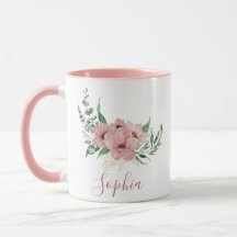 Aquarellfarben Rosa Blume Name Tasse