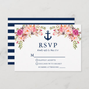 Aquarellfarben Rosa Blumenanker Blaue Streifen RSVP Karte