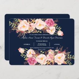 Aquarellfarben Rosa Blumenrahmen Navy Blue Wedding Einladung