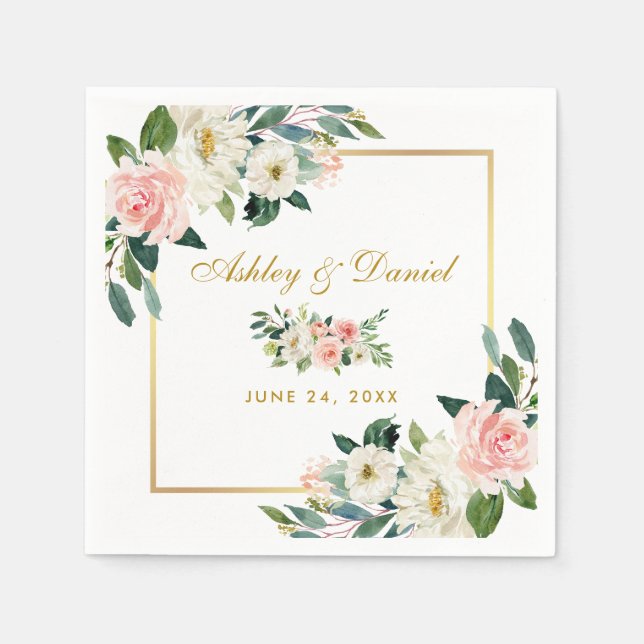 Aquarellfarben Rosa Blush Bloral Gold Rahmen Hochz Serviette (Vorderseite)