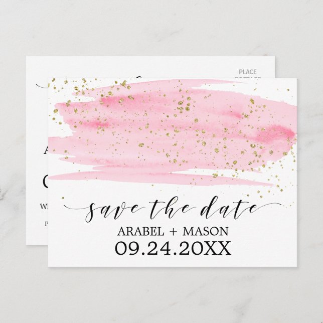 Aquarellfarben Rosa Blush & Gold Hochzeit Das Datu Ankündigungspostkarte (Vorne/Hinten)