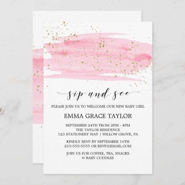 Aquarellfarben Rosa Blush & Gold Sparkle Sieben Einladung (Vorne/Hinten)