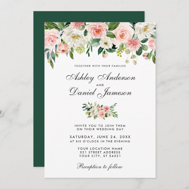 Aquarellfarben Rosa Blush und Weiße Blumenzehen G Einladung (Vorne/Hinten)