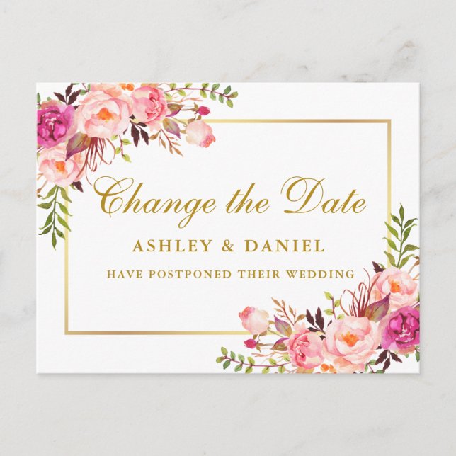 Aquarellfarben Rosa Blütenblüte Gold ändern das Da Postkarte (Vorderseite)