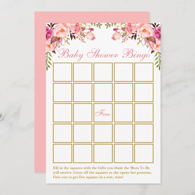 Aquarellfarben Rosa Blütengoldblütendusche Bingoka Einladung (Vorne/Hinten)
