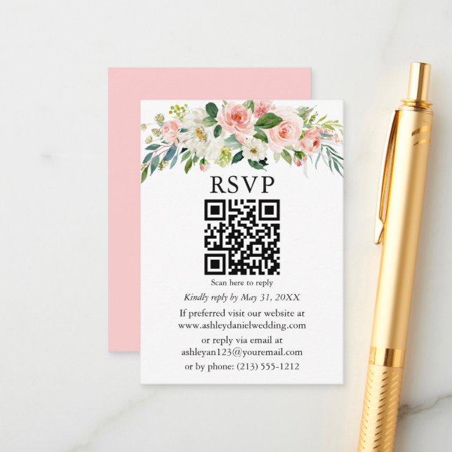Aquarellfarben Rosa Blütenhochzeit QR UAWG Begleitkarte (Vorderseite/Rückseite Beispiel)