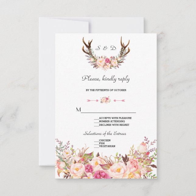 Aquarellfarben Rosa Blütenröte Antlers Wedding RSV RSVP Karte (Vorderseite)
