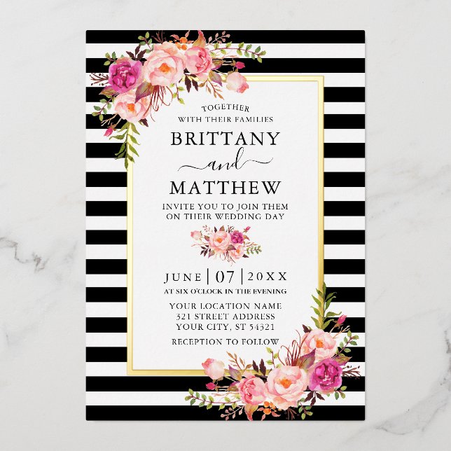 Aquarellfarben Rosa Blütenstreifen Hochzeit Gold Folieneinladung (Vorderseite)