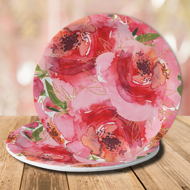 Aquarellfarben Rosa Brautparty Pappteller (Watercolor pink peony flowers and leaves bridal shower paper plates)
