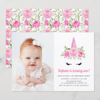 Aquarellfarben Rosa Einhorn Blütenblume 1. Geburts Einladung