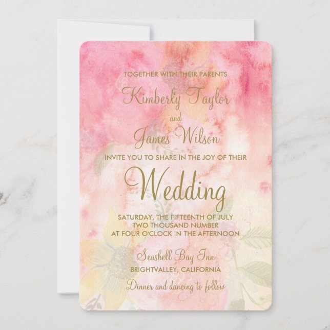 Aquarellfarben Rosa Feierliche Hochzeit Einladung (Vorderseite)