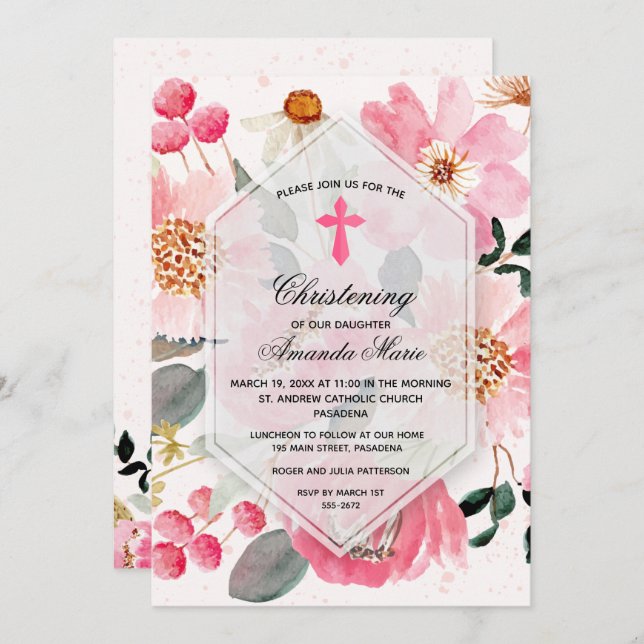 Aquarellfarben Rosa Floral Christening Einladung (Vorne/Hinten)