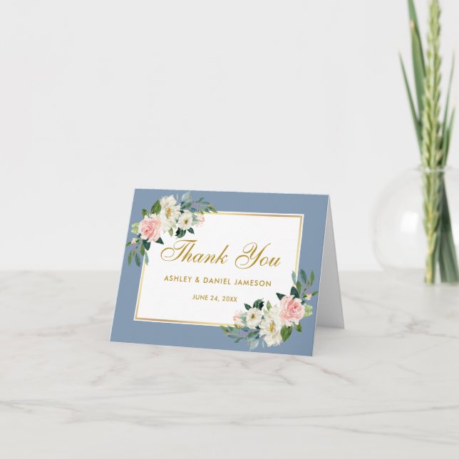 Aquarellfarben Rosa Floral Gold Dusty Blue Wedding Dankeskarte (Vorderseite)
