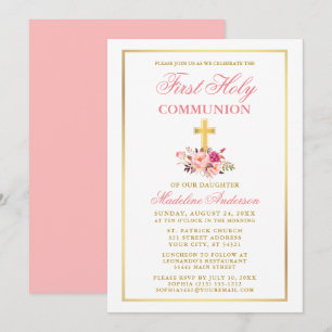Aquarellfarben Rosa Floral Gold Erste Kommune Einladung