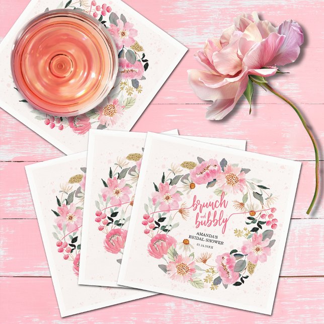 Aquarellfarben Rosa Garten Blume Brautparty Serviette (Watercolor -pink garden flowers bridal shower bunch and bubbly cocktail napkins)