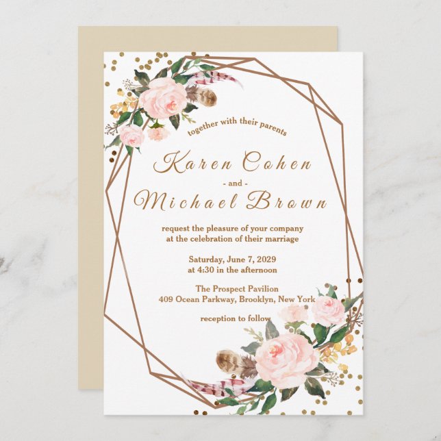 Aquarellfarben Rosa & Gold Boho Chic Blumenzehen Einladung (Vorne/Hinten)