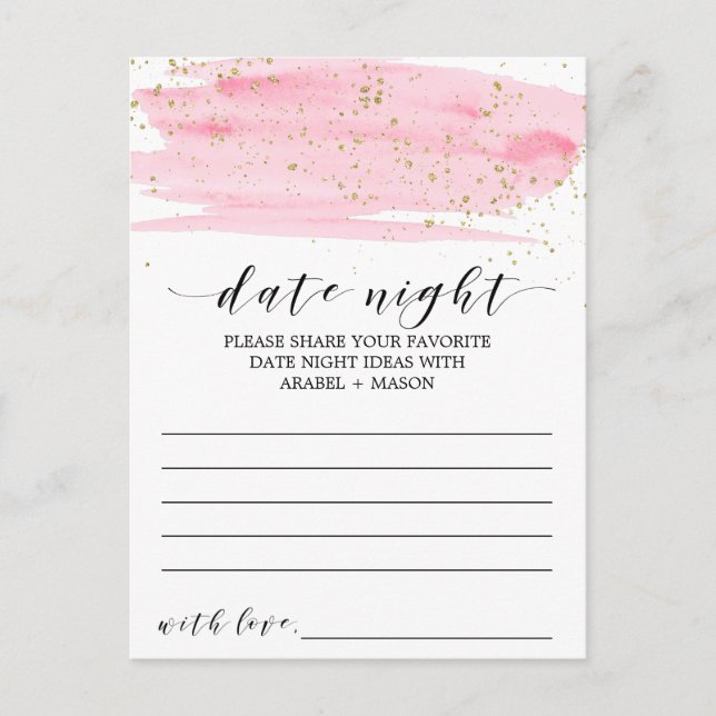 Aquarellfarben Rosa & Gold Date Night Idea Karte (Vorderseite)