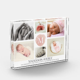 Aquarellfarben Rosa Monogram Collage Girl Birth  Fotoblock