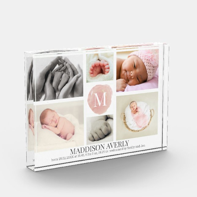 Aquarellfarben Rosa Monogram Collage Girl Birth  Fotoblock (Links)