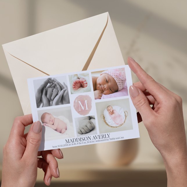 Aquarellfarben Rosa Monogramm Foto Collage Girl Bi Ankündigung (Von Creator hochgeladen)