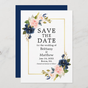 Aquarellfarben Rosa Navy Blue Rose Goldrahmen Save The Date