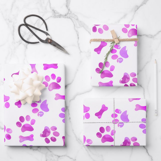 Aquarellfarben Rosa Paw Prints Geschenkpapier Set (Vorderseite)