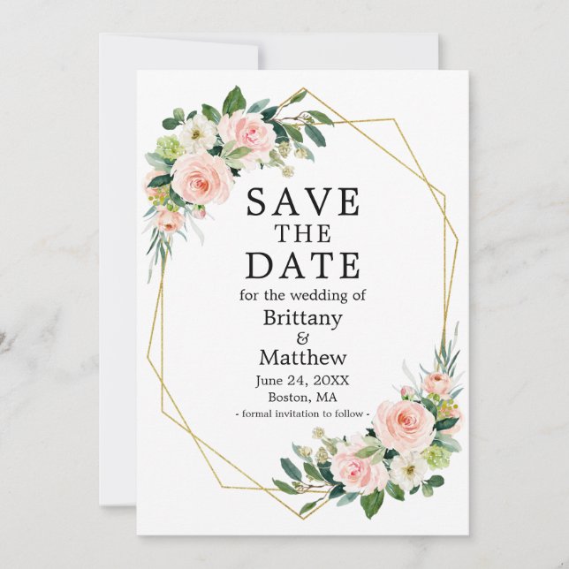 Aquarellfarben Rosa Rosa Rose Gold Georahmen Save The Date (Vorderseite)