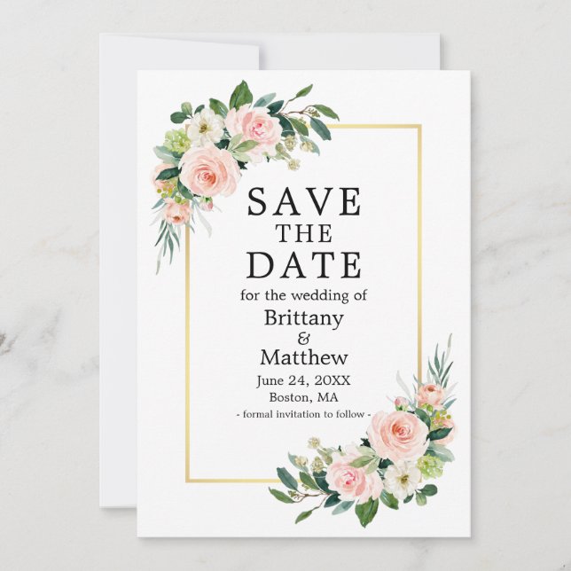 Aquarellfarben Rosa Rosa Rose Gold Rahmen Save The Date (Vorderseite)