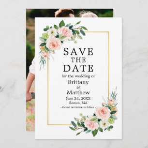 Aquarellfarben Rosa Rose Foto Gold Rahmen Save The Date