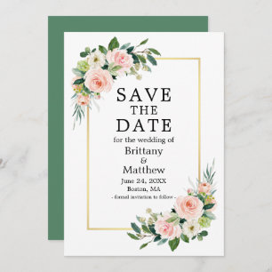 Aquarellfarben Rosa Rose Grün Goldrahmen Save The Date