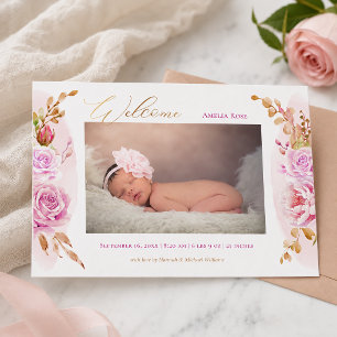 Aquarellfarben Rosa Roses Baby Girl Foto Birth Ankündigung