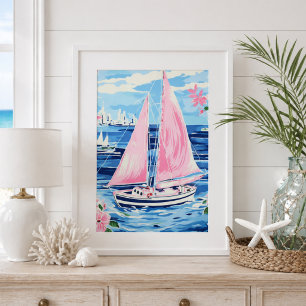 Aquarellfarben rosa Sailboat Küste Blau Poster