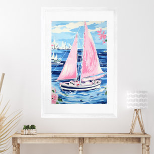 Aquarellfarben rosa Sailboat Küste Blau Poster