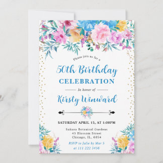Aquarellfarben Rosa und Blau Blumen 50. Geburtstag Einladung