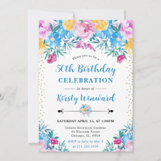 Aquarellfarben Rosa und Blau Blumen 50. Geburtstag Einladung