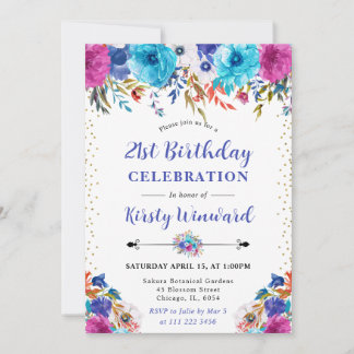 Aquarellfarben Rosa und Blüten 21. Geburtstag Einladung