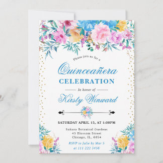 Aquarellfarben Rosa und Blüten Quinceanera Einladung