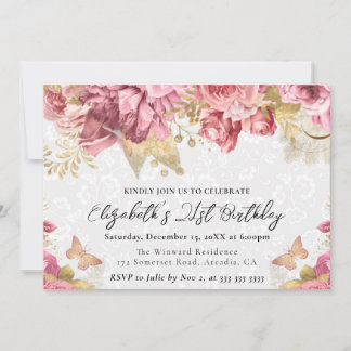 Aquarellfarben Rosa und Gold Blume 21. Geburtstag Einladung