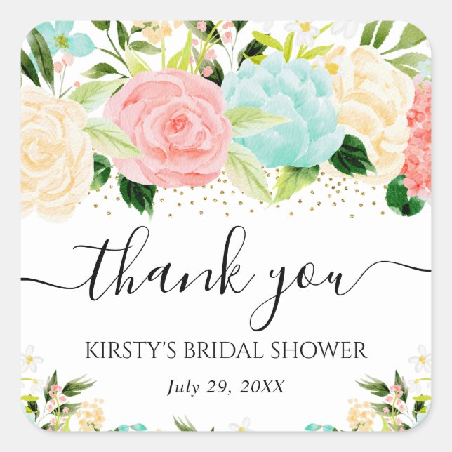 Aquarellfarben Rosa und Minze Blume Brautparty Quadratischer Aufkleber (Vorderseite)