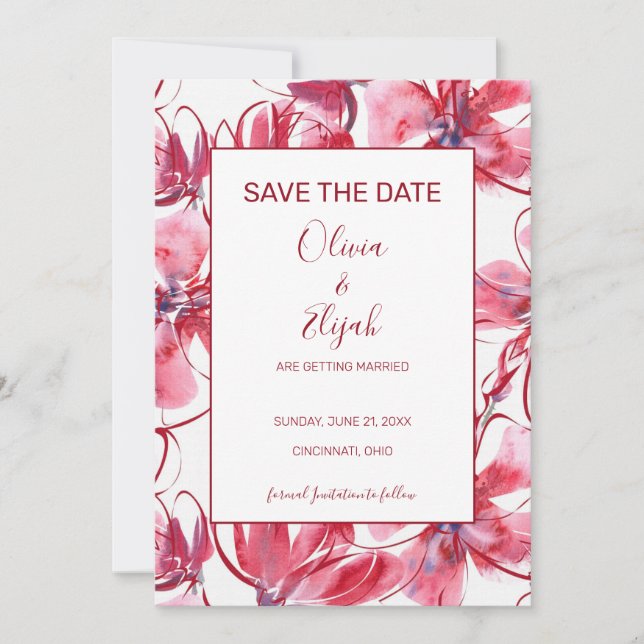 Aquarellfarben Rosa und Rote Blume Save The Date (Vorderseite)