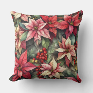 Aquarellfarben Rosa und Rote Poinsettia Kissen