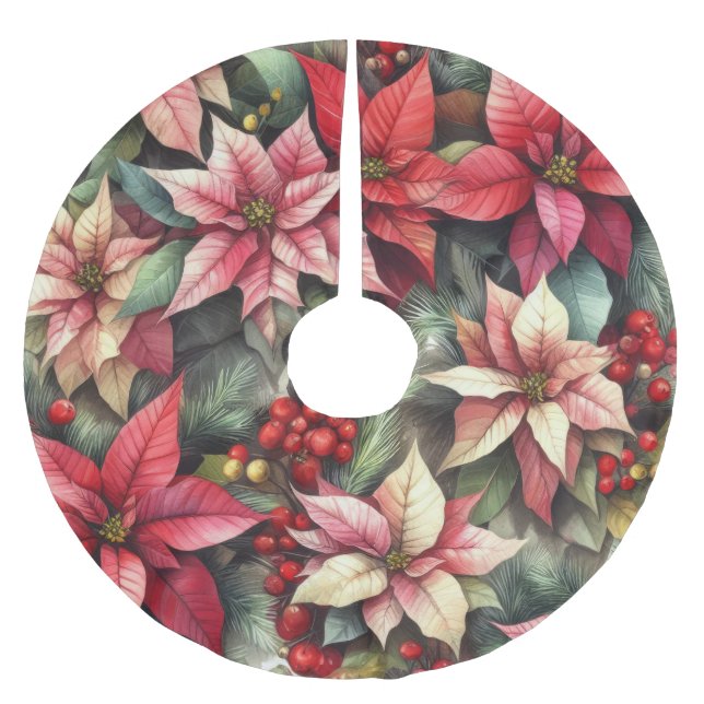 Aquarellfarben Rosa und Rote Poinsettia Polyester Weihnachtsbaumdecke (Vorderseite)