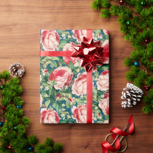 Aquarellfarben, Rosa und Rote Rose Blume & Grüne B Geschenkpapier