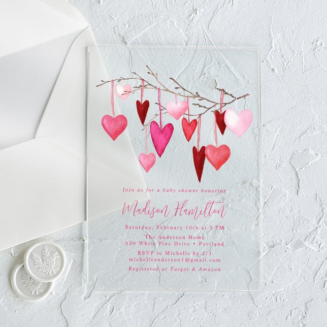 Aquarellfarben Rosa und Rotes Herz Zweige Babydusc Acryleinladungen (Von Creator hochgeladen)