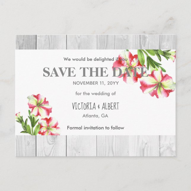 Aquarellfarben Rosa und Weiße Petunien Save the Da Ankündigungspostkarte (Vorderseite)