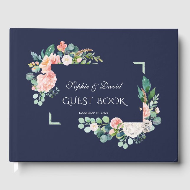 Aquarellfarben Rosa Weiße Blume Grüne Rahmen Hochz Gästebuch (Vorderseite)
